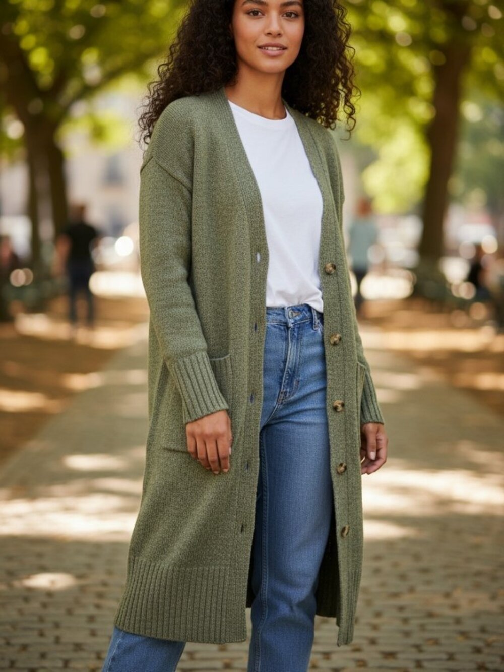 Hippie Rose Green Longline Button-Down Cardigan With Pockets For Women XS